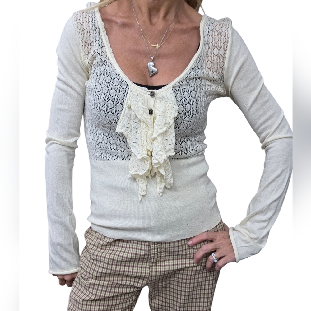 Free People Lace Thermal Knit Henley Top Cream Long Sleeve Size S